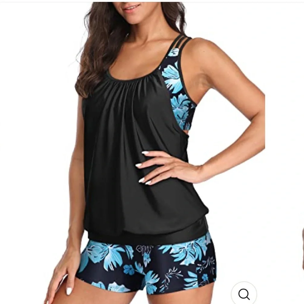 Black Tankini Top with Blue Floral Accent Swim Set for Women